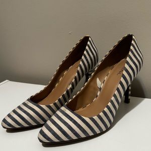 White and Blue Linen Stripe Heels